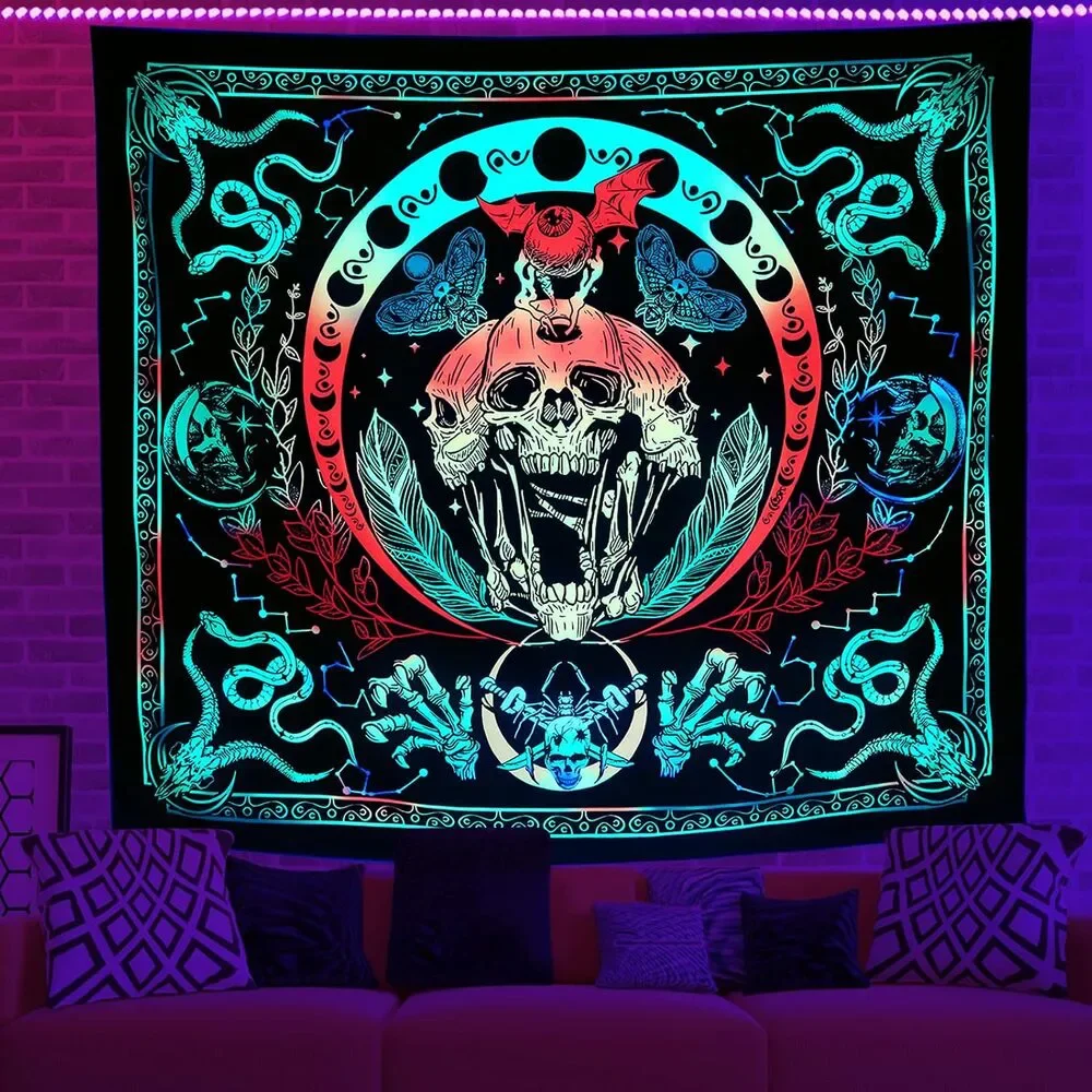 Krelymics Black Light Skull Snake Tapestry UV Reactive Glow Wall Hanging 51